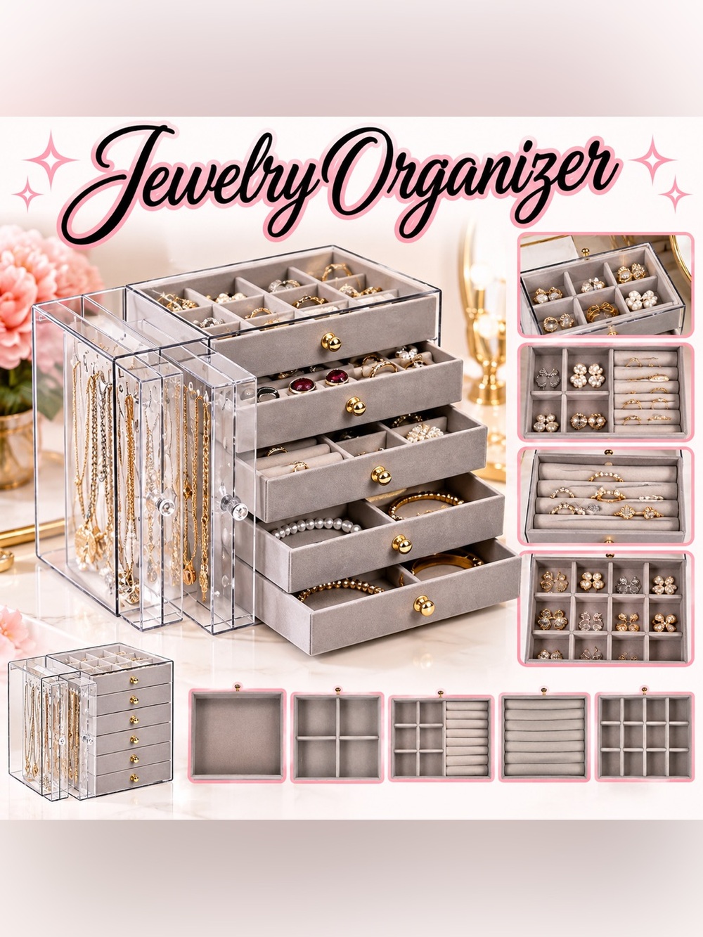 Clear Acrylic Jewelry Organizer 7 Removable Drawers Gray Velvet Storage NEW